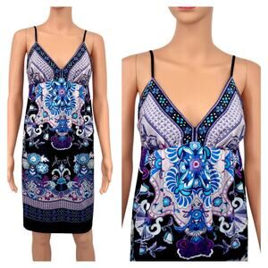 Dressbarn Floral Paisley Satin Babydoll Slip Dress 8 Black Purple Empire Waist